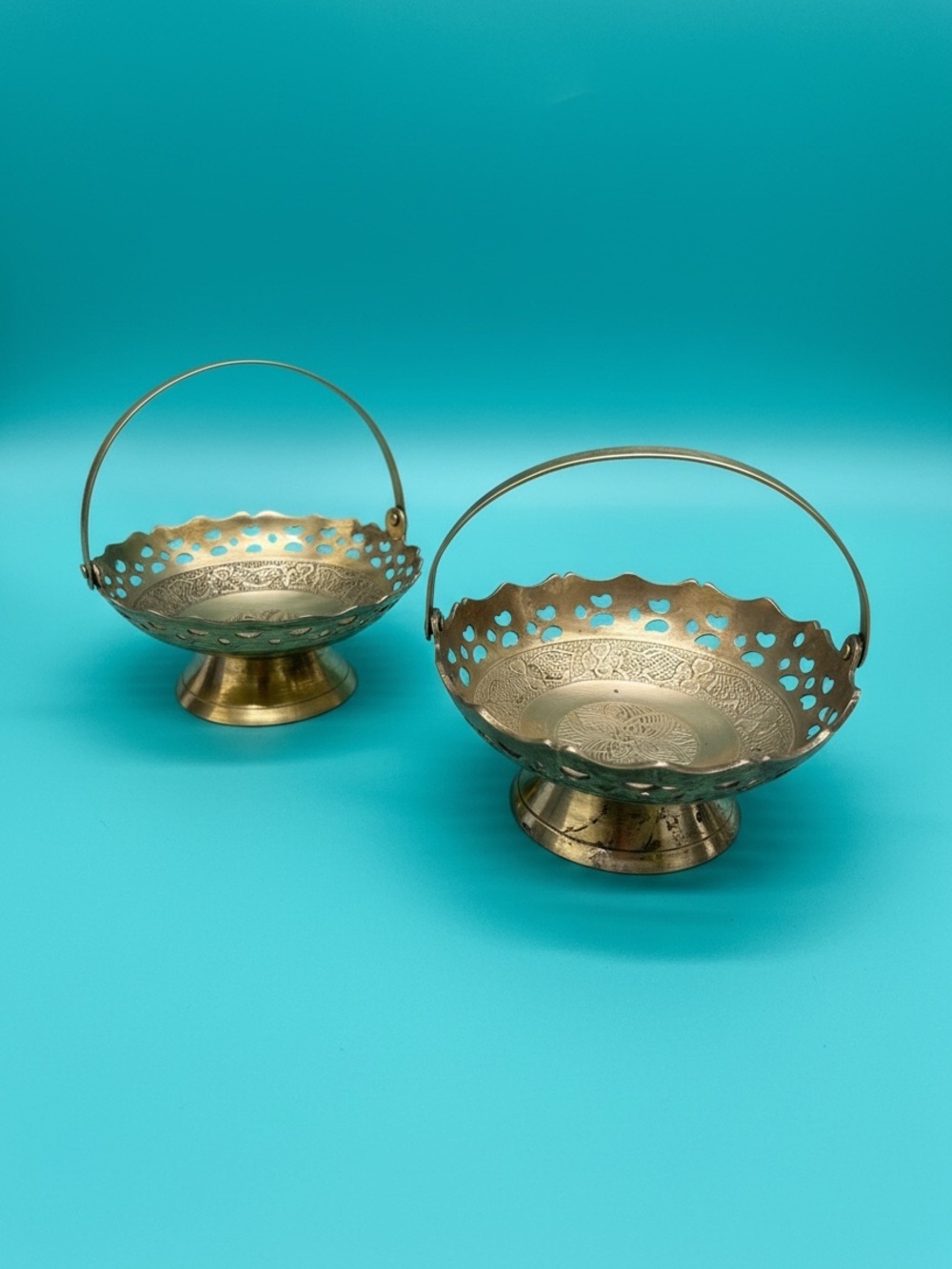 Vintage Handcrafted Brass Pooja Basket –  Jali Cut-Work Offering Bowl  Set of 2